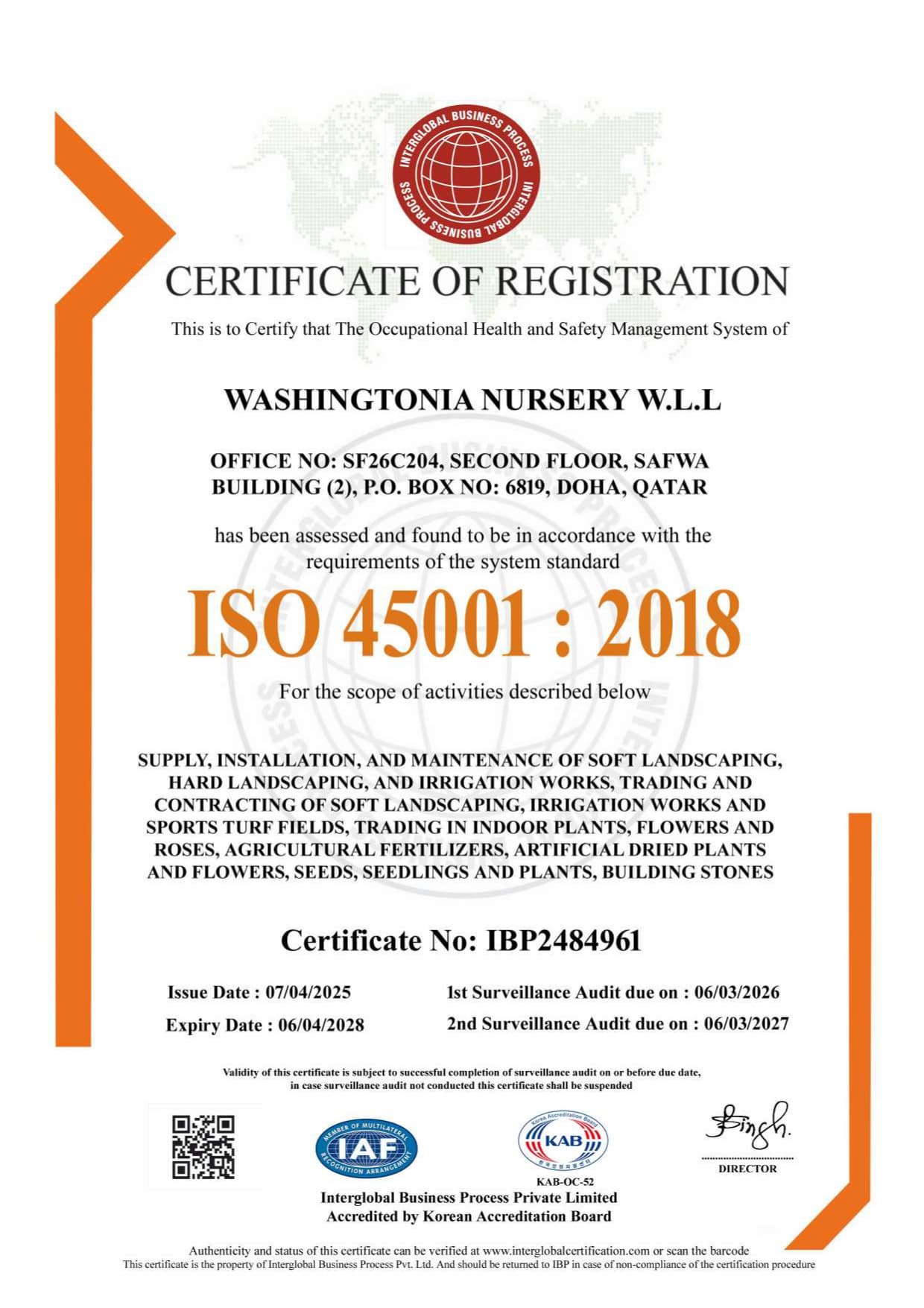 ISO 45001:2018 certificate preview